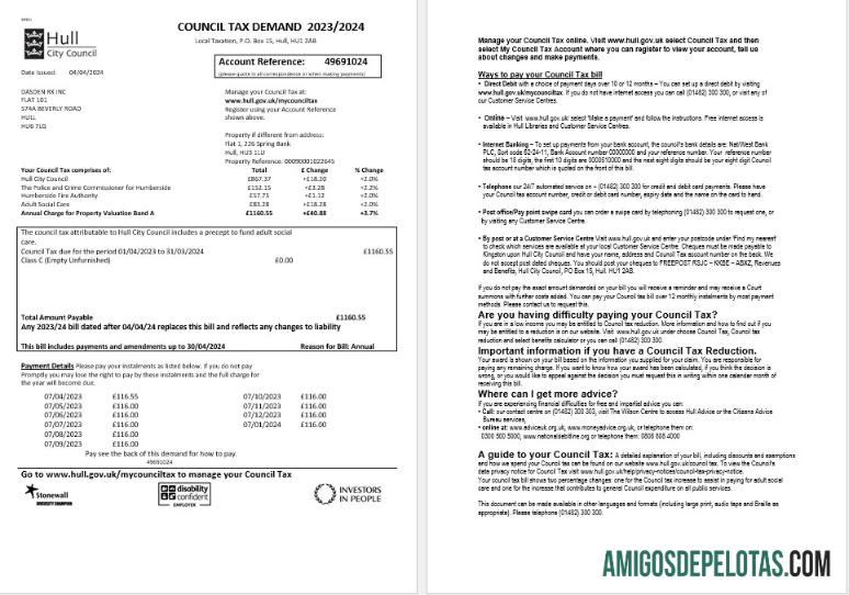 realista Modelo de conta de serviços públicos comerciais da Câmara Municipal de Hull do Reino Unido em formatos Word e PDF, 2 páginas